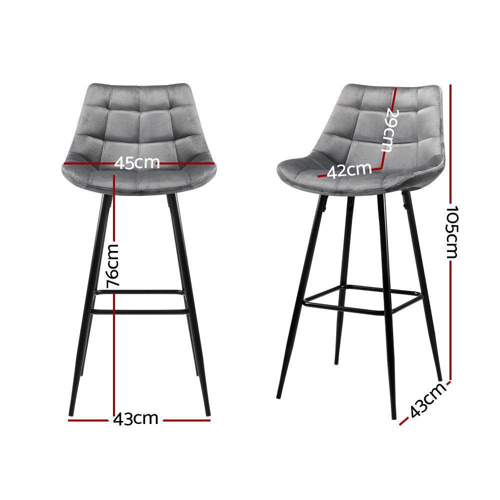 Artiss Set of 2 Velvet Bar Stools - Grey