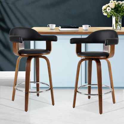 Artiss Set of 2 Bar Stools PU Leather Wooden Swivel - Wood, Chrome and Black