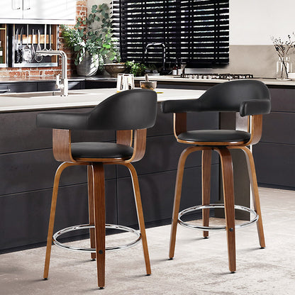 Artiss Set of 2 Bar Stools PU Leather Wooden Swivel - Wood, Chrome and Black