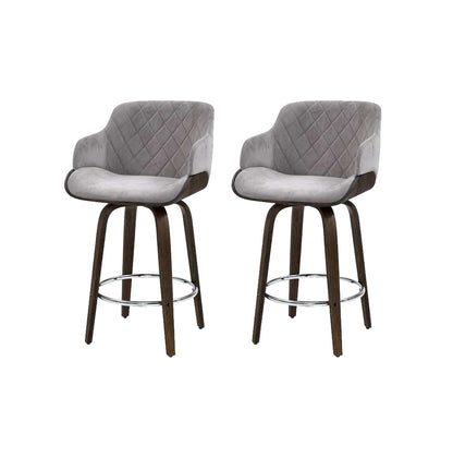 Artiss 2x Kitchen Bar Stools Wooden Bar Stool Chairs Swivel Velvet Fabric Grey