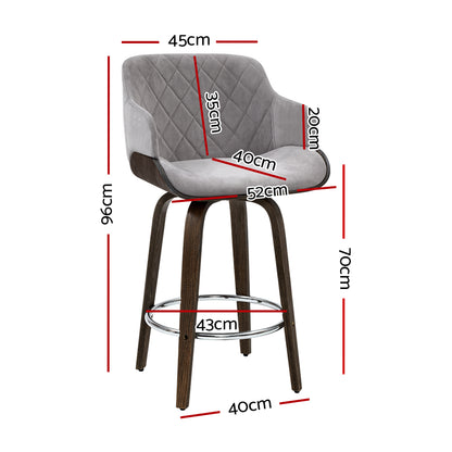 Artiss 2x Kitchen Bar Stools Wooden Bar Stool Chairs Swivel Velvet Fabric Grey