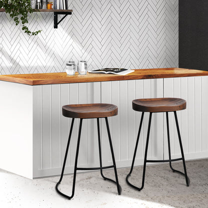 Artiss Set of 2 Elm Wood Backless Bar Stools 65cm - Black and Dark Natural