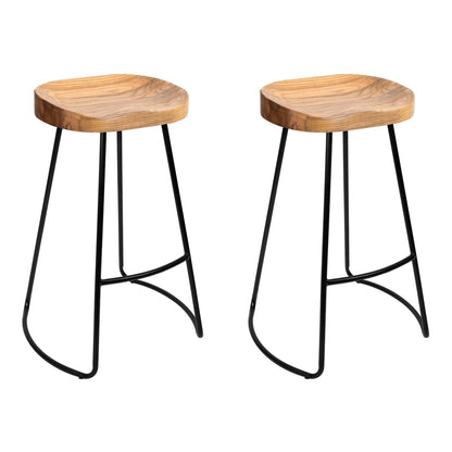 Artiss Set of 2 Elm Wood Backless Bar Stools 65cm - Black and Light Natural