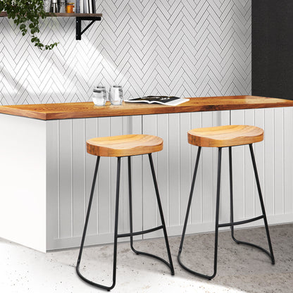 Artiss Set of 2 Elm Wood Backless Bar Stools 75cm - Black and Light Natural