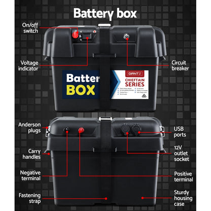 Giantz 135Ah Deep Cycle Battery & Battery Box 12V AGM Marine Sealed Power Solar Caravan 4WD Camping