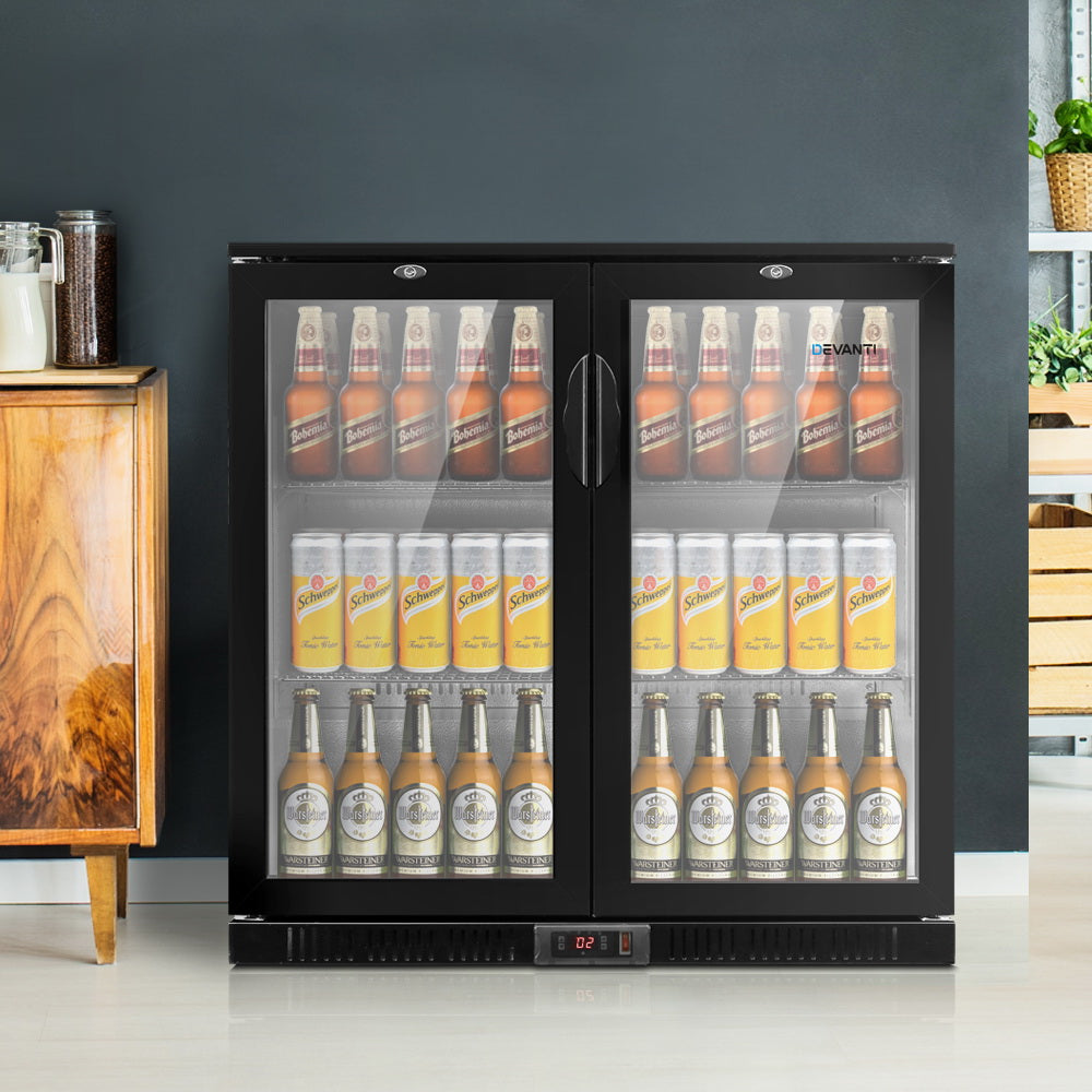 Devanti Bar Fridge 2 Glass Door Commercial Display Freeer Drink Beverage Cooler Black