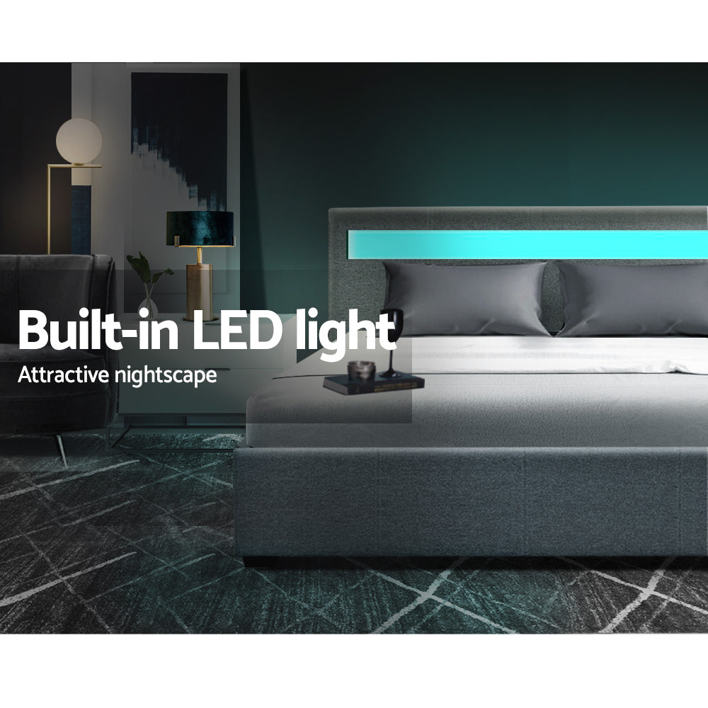 Artiss Bed Frame Double Size Gas Lift RGB LED Bedbase Grey Cole