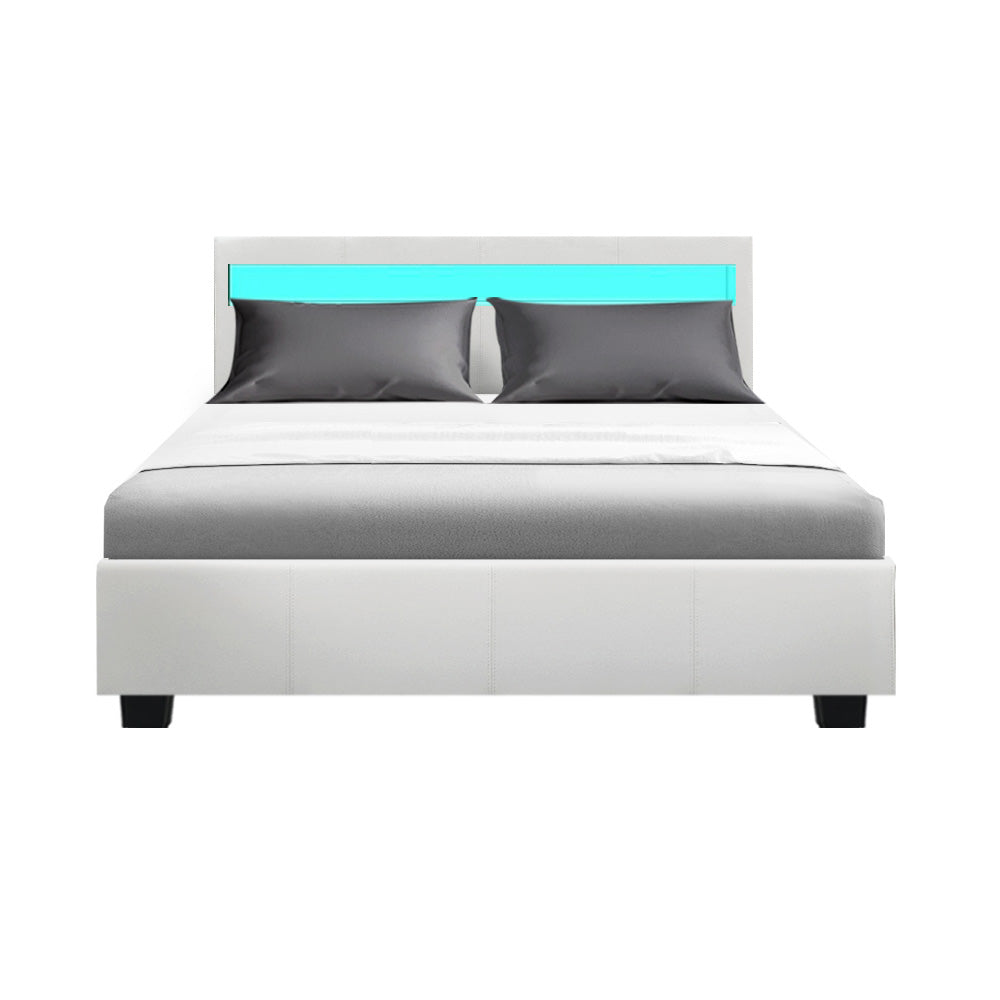 Artiss Bed Frame Double Size Gas Lift RGB LED White Cole