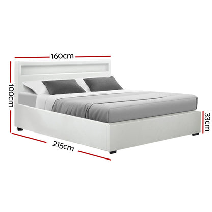 Artiss Cole LED Bed Frame PU Leather Gas Lift Storage - White Queen