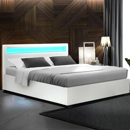 Artiss Cole LED Bed Frame PU Leather Gas Lift Storage - White Queen