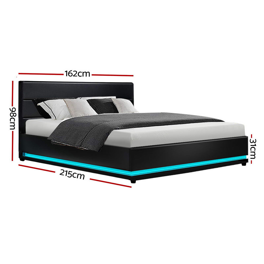 Artiss Lumi LED Bed Frame PU Leather Gas Lift Storage - Black Queen