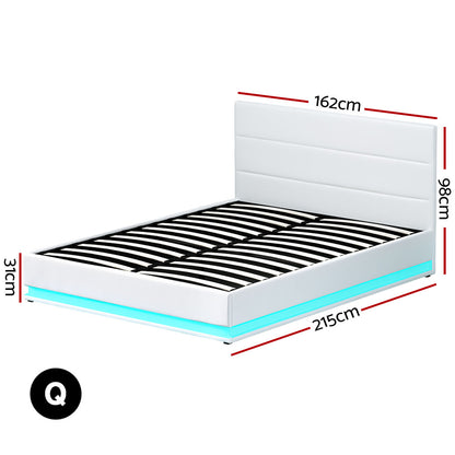 Artiss Lumi LED Bed Frame PU Leather Gas Lift Storage - White Queen