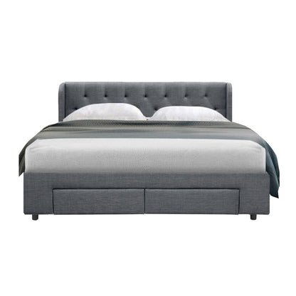 Artiss Bed Frame Queen Size Base With Storage Drawers Grey Fabric Mila Collection