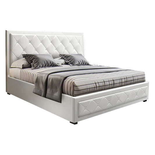 Artiss Tiyo Bed Frame PU Leather Gas Lift Storage - White Double