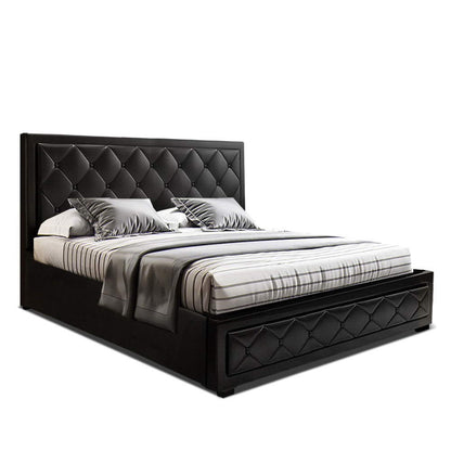 Artiss Tiyo Bed Frame PU Leather Gas Lift Storage - Black Queen