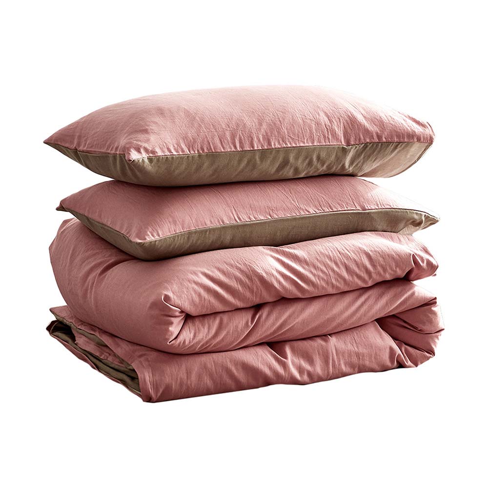 Cosy Club Washed Cotton Quilt Set Pink Brown Double