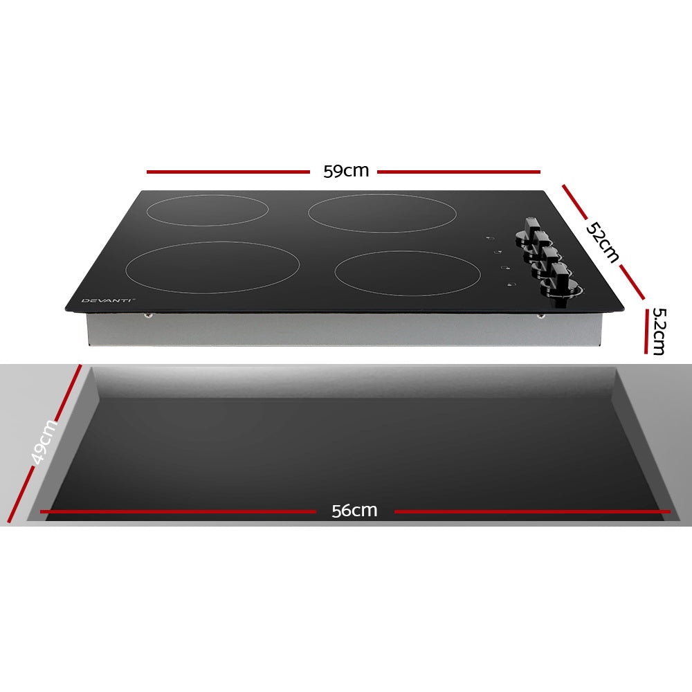 Devanti Ceramic Cooktop 60cm Electric Kitchen Burner Cooker 4 Zone Knobs Control