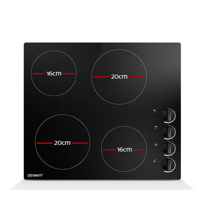 Devanti Ceramic Cooktop 60cm Electric Kitchen Burner Cooker 4 Zone Knobs Control