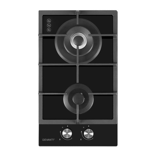 Devanti Gas Cooktop 30cm Gas Stove Cooker 2 Burner Cook Top Konbs NG LPG Black