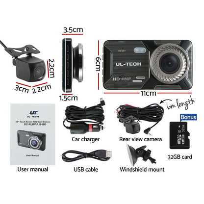 UL-tech 1080P 4" Dash Camera Dual Lens Car DVR Recorder Front Rear Night Vision