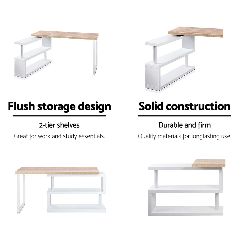 Artiss Rotary Corner Desk with Bookshelf - Brown & White