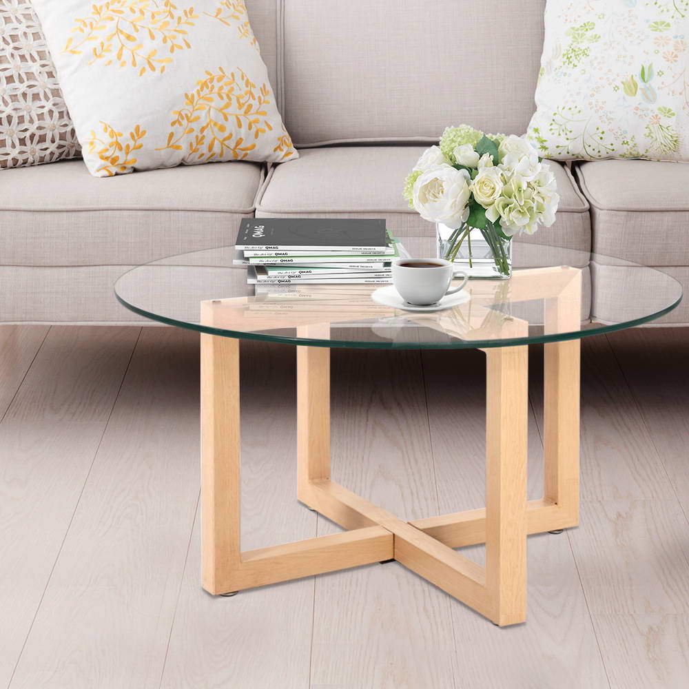 Artiss Tempered Glass Round Coffee Table - Beige