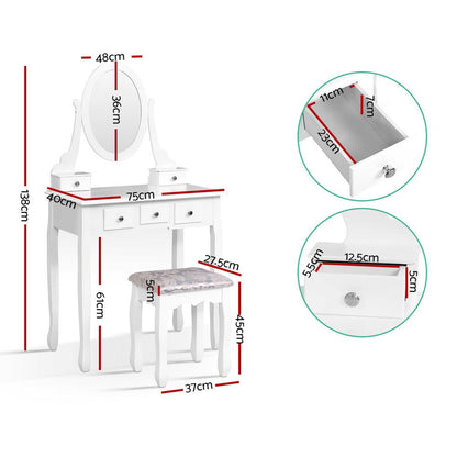 Artiss Dressing Table Stool Set Mirror Drawers Makeup Cabinet Storage Desk White