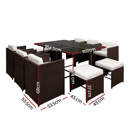 Gardeon 11 Piece PE Wicker Outdoor Dining Set - Brown & White