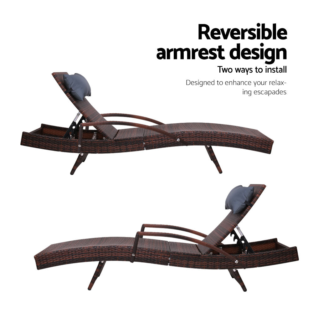 Gardeon Set of 2 Sun Lounge Outdoor Furniture Wicker Lounger Rattan Day Bed Garden Patio Brown