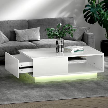 Artiss Coffee Table LED Lights High Gloss Storage Drawer Modern Furniture White