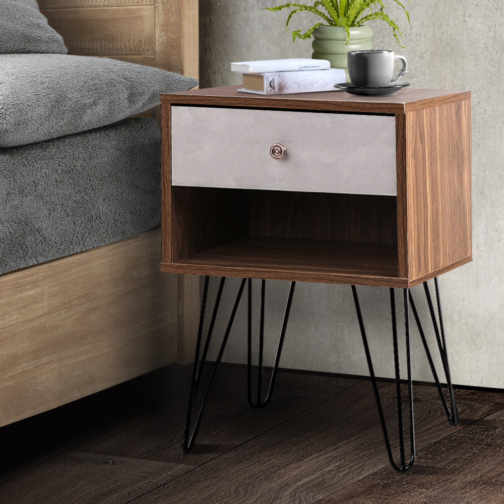 Artiss Bedside Table with Drawer - Grey & Walnut