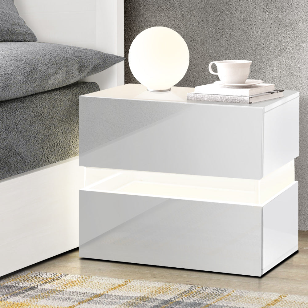 Artiss Bedside Table 2 Drawers RGB LED Side Nightstand High Gloss Cabinet White