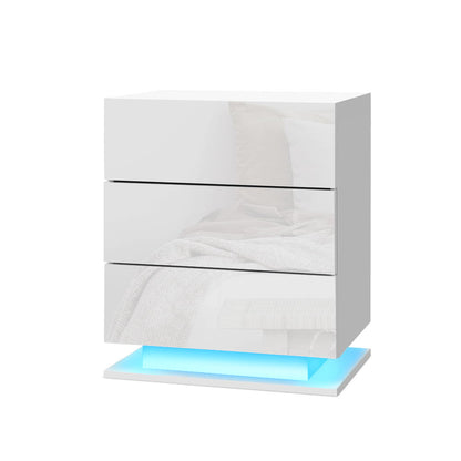 Artiss Bedside Tables Side Table RGB LED Lamp 3 Drawers Nightstand Gloss White