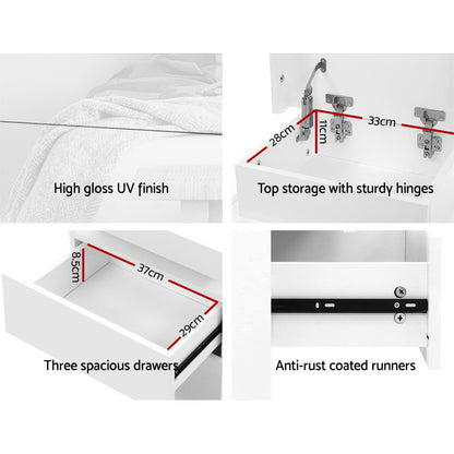 Artiss Bedside Tables Side Table 3 Drawers RGB LED High Gloss Nightstand White