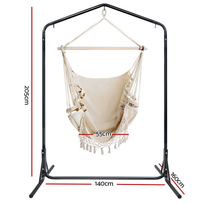 Gardeon Outdoor Hammock Chair with Stand Tassel Hanging Rope Hammocks Cream