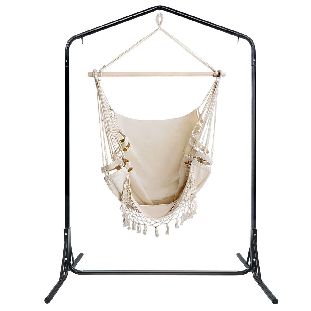 Gardeon Outdoor Hammock Chair with Stand Tassel Hanging Rope Hammocks Cream