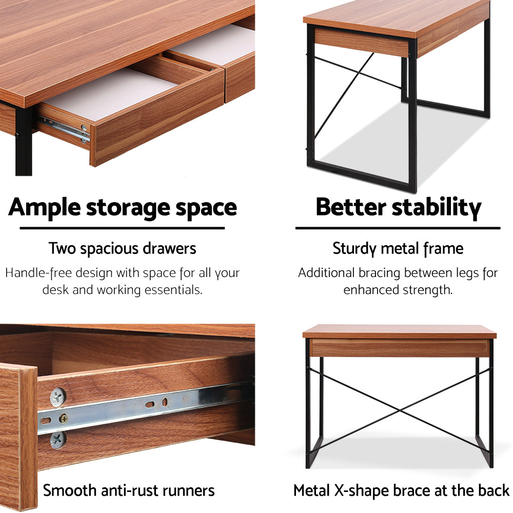 Artiss Metal Desk with Drawer - Walnut