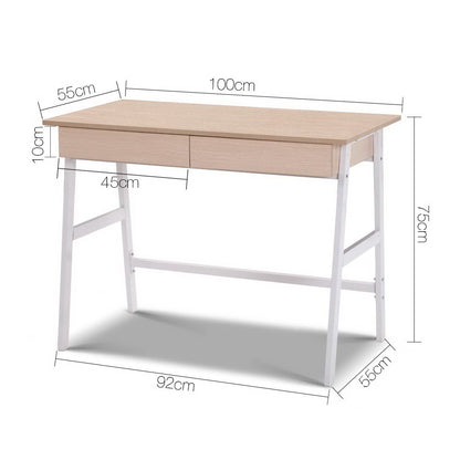 Artiss Metal Desk with Drawer - White with Oak Top