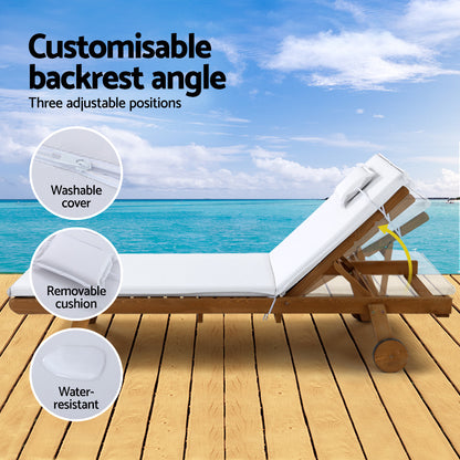 Gardeon 2pc Sun Lounge Wooden Lounger Outdoor Furniture Day Bed Wheel Patio White