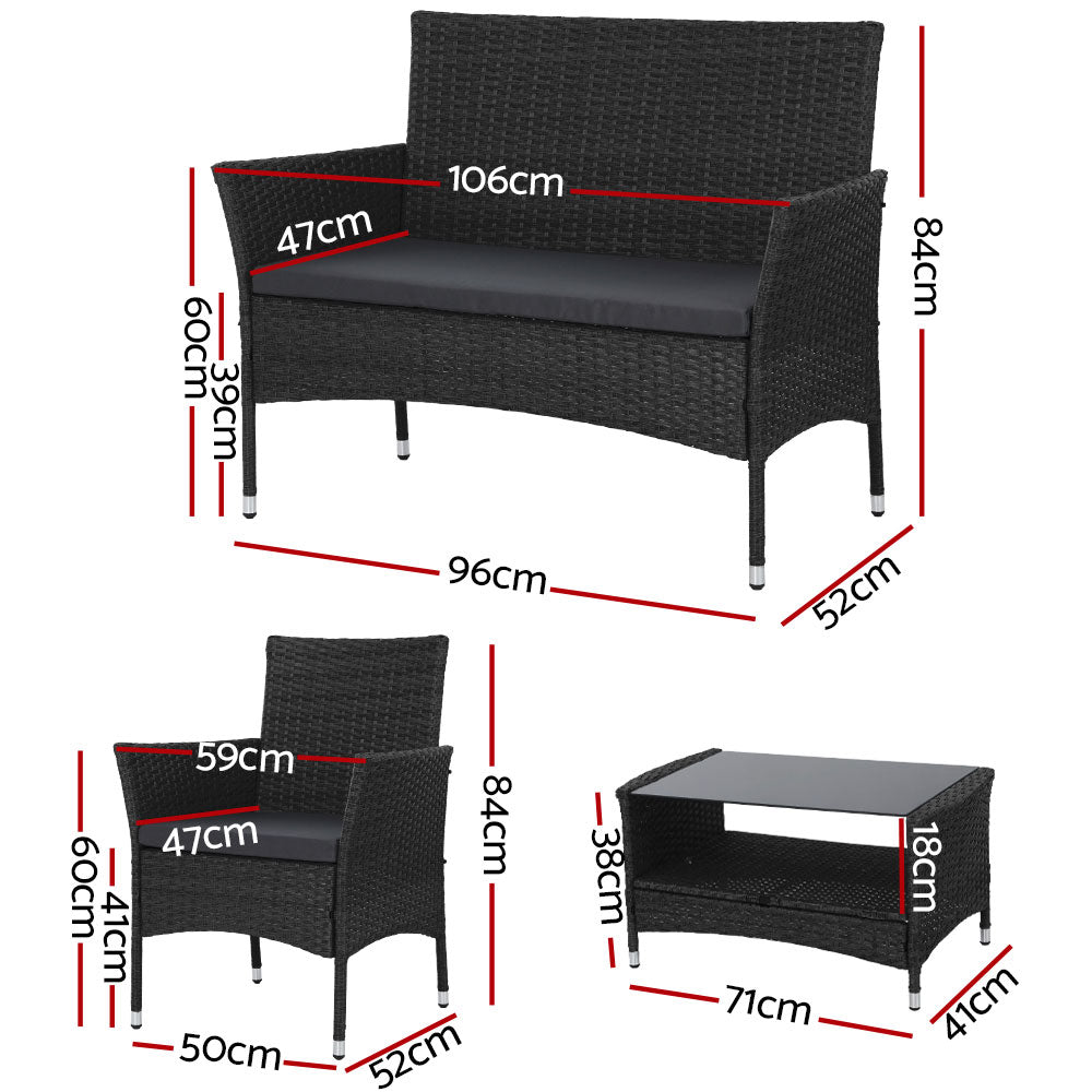 Gardeon 4 Piece Outdoor Dining Set Furniture Lounge Setting Table Chairs Black