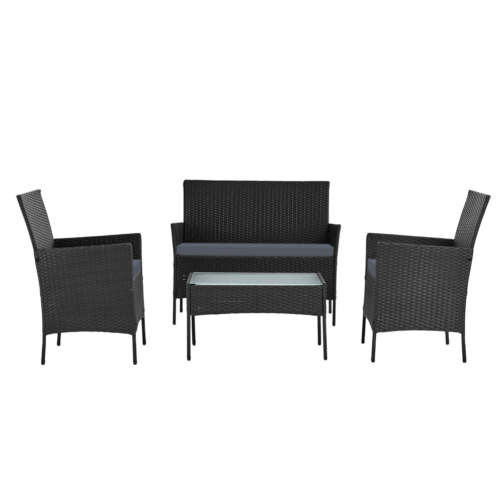 Gardeon 4-piece Outdoor Lounge Setting Wicker Patio Furniture Dining Set Black