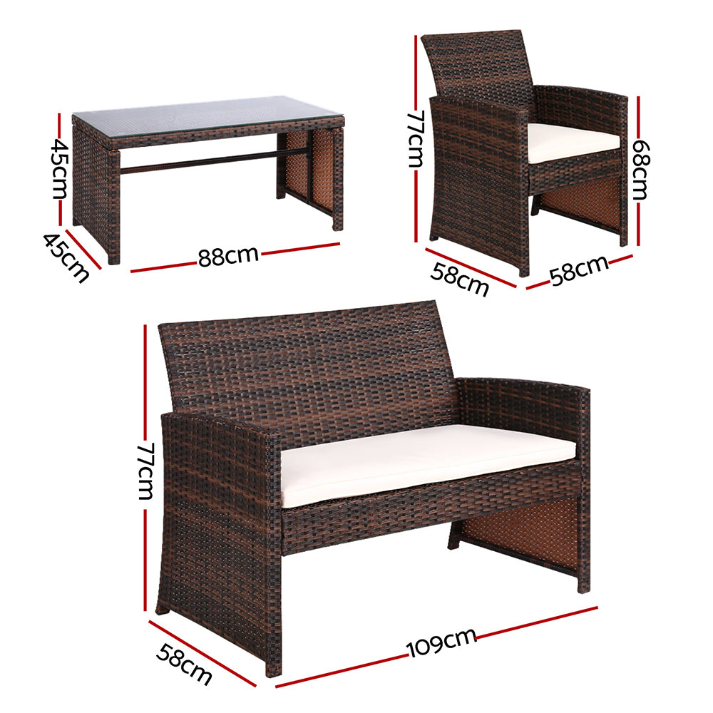 Gardeon Set of 4 Outdoor Lounge Setting Rattan Patio Wicker Dining Set Brown