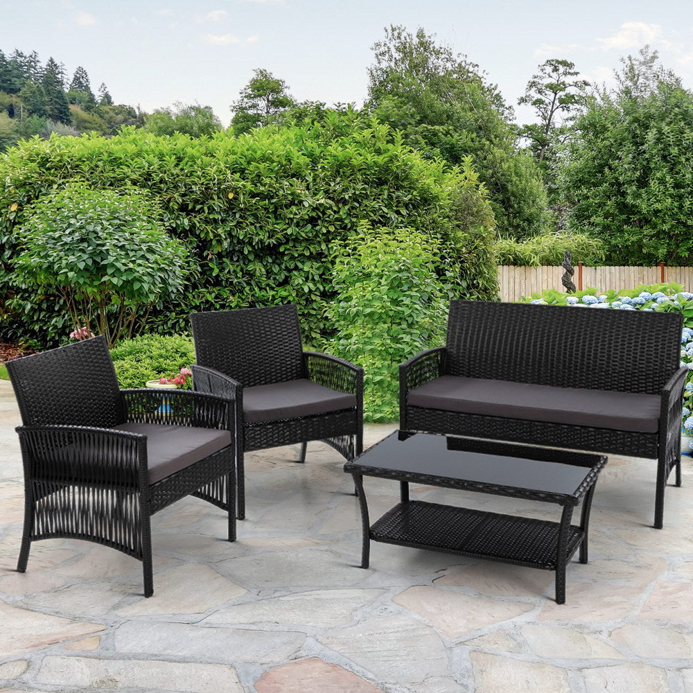 Gardeon 4 PCS Outdoor Furniture Lounge Setting Wicker Dining Set Black