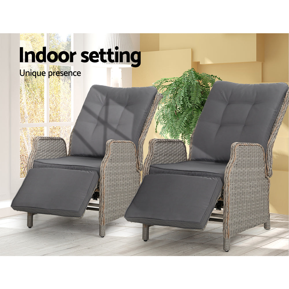 Gardeon Set of 2 Recliner Chairs Sun lounge Outdoor Furniture Setting Patio Wicker Sofa Grey