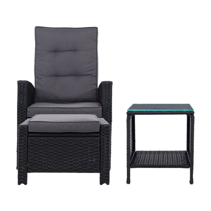 Gardeon Outdoor Setting Recliner Chair Table Set Wicker lounge Patio Furniture Black