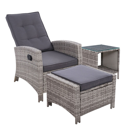 Gardeon Outdoor Setting Recliner Chair Table Set Wicker lounge Patio Furniture Grey