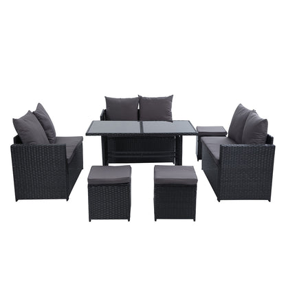 Gardeon Outdoor Furniture Dining Setting Sofa Set Lounge Wicker 9 Seater Black