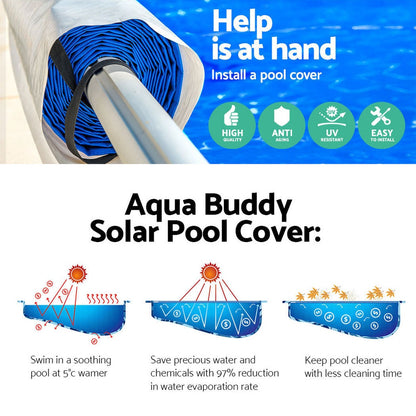 Aquabuddy Pool Cover 500 Micron 8x4.2m Silver Swimming Pool Solar Blanket 5.5m Blue Roller