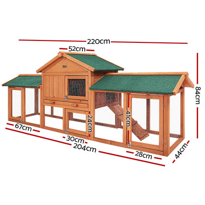 i.Pet Rabbit Hutch Chicken Coop Wooden Cage Pet Hutch 220cm x 52cm x 84cm