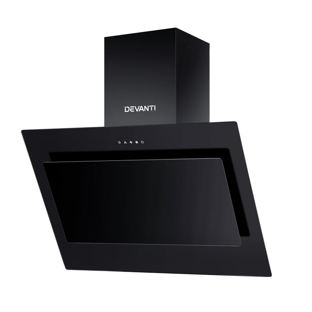 DEVANTI Rangehood 900mm Black Angled Side Draft Range Hood Canopy Glass 90cm